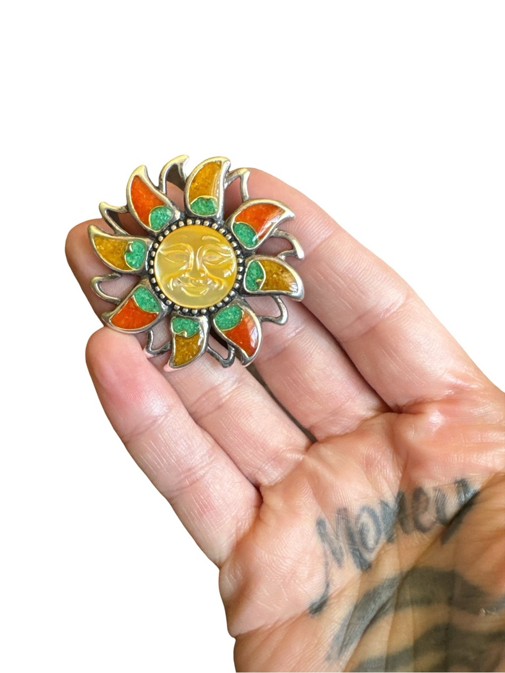 Vintage Sterling Silver Carolyn Pollack Celestial Sun Face Inlay Pendant Brooch